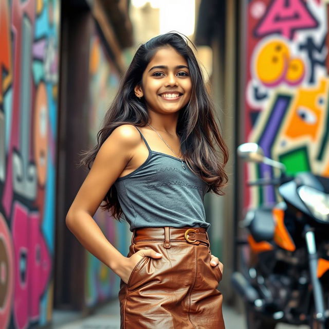 A young Indian girl confidently posing in a stylish leather skirt with a modern, urban backdrop