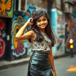 A young Indian girl confidently posing in a stylish leather skirt with a modern, urban backdrop