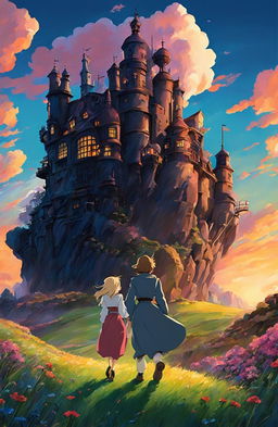 Detailed Howl's Moving Castle poster in Studio Ghibli style featuring Sophie and Howl in front of the moving castle amidst a vibrant landscape under a sunset sky