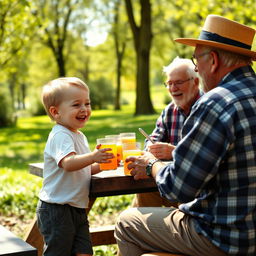 A scene depicting a young white boy engaging in an innocent and playful interaction with a group of older men