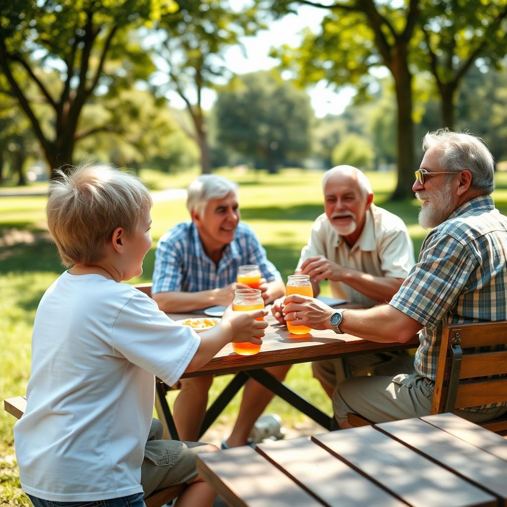 A scene depicting a young white boy engaging in an innocent and playful interaction with a group of older men