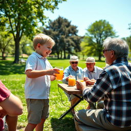 A scene depicting a young white boy engaging in an innocent and playful interaction with a group of older men