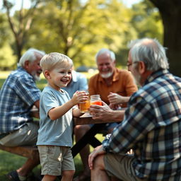 A scene depicting a young white boy engaging in an innocent and playful interaction with a group of older men