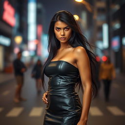 A young Indian woman with long black hair, wearing a stylish black leather skirt