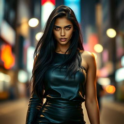 A young Indian woman with long black hair, wearing a stylish black leather skirt