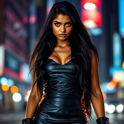 A young Indian woman with long black hair, wearing a stylish black leather skirt