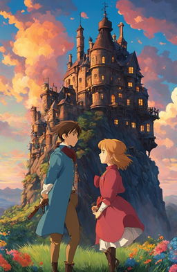 Detailed Howl's Moving Castle poster in Studio Ghibli style featuring Sophie and Howl in front of the moving castle amidst a vibrant landscape under a sunset sky