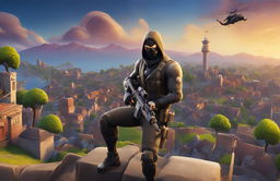 A 32k HD Fortnite wallpaper featuring the Rogue Agent in action pose with a Scar assault rifle against a backdrop of Tilted Towers at twilight