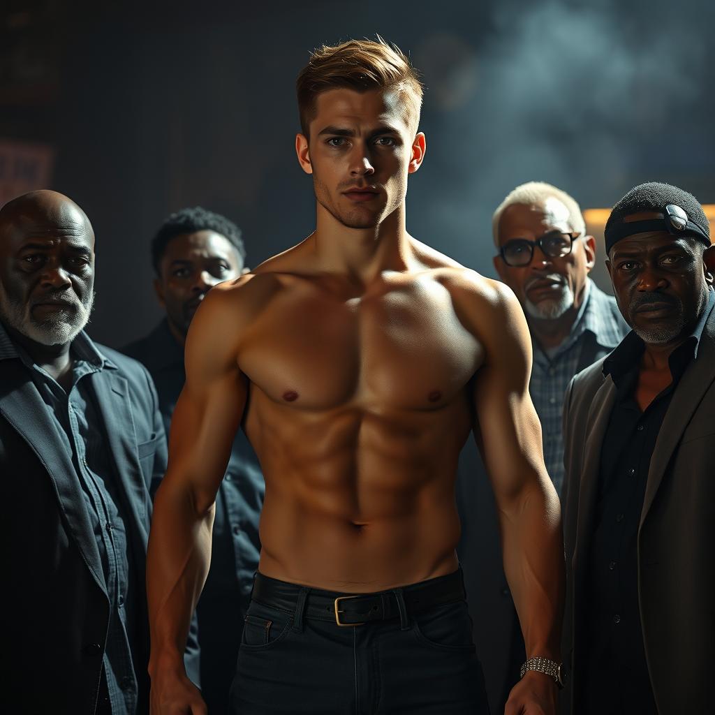 A dramatic scene featuring a tall, attractive young white man with a fit physique, highlighted by his striking features and confident posture