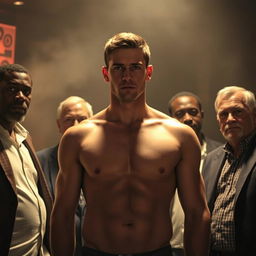 A dramatic scene featuring a tall, attractive young white man with a fit physique, highlighted by his striking features and confident posture