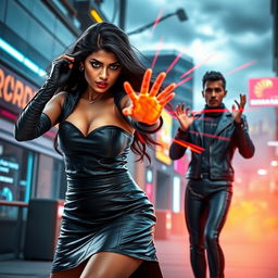 A young Indian woman in a stylish black leather skirt, confidently using her heat vision powers directed at a man in a sleek futuristic outfit
