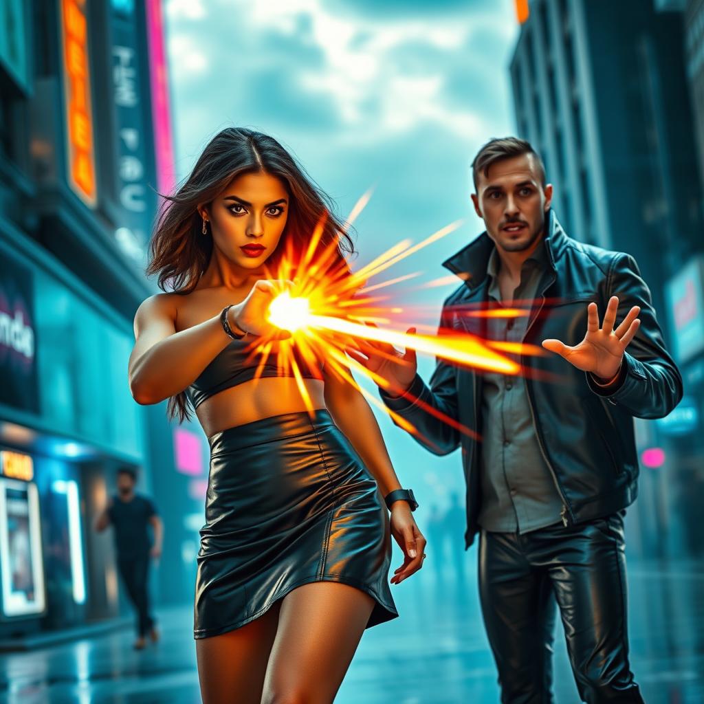 A young Indian woman in a stylish black leather skirt, confidently using her heat vision powers directed at a man in a sleek futuristic outfit