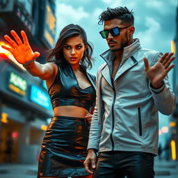 A young Indian woman in a stylish black leather skirt, confidently using her heat vision powers directed at a man in a sleek futuristic outfit