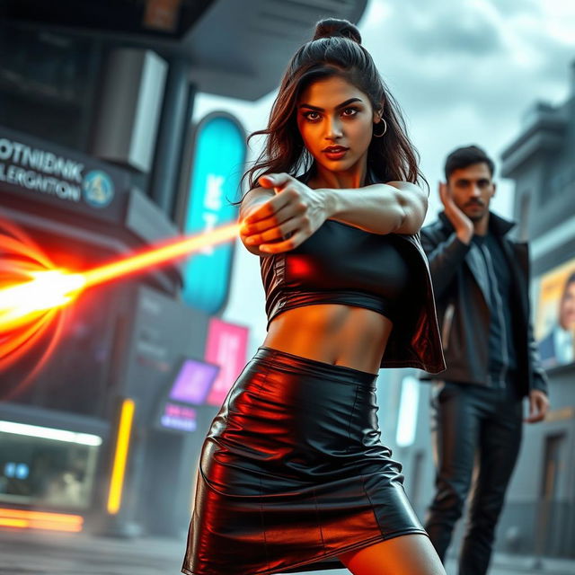 A young Indian woman in a stylish black leather skirt, confidently using her heat vision powers directed at a man in a sleek futuristic outfit