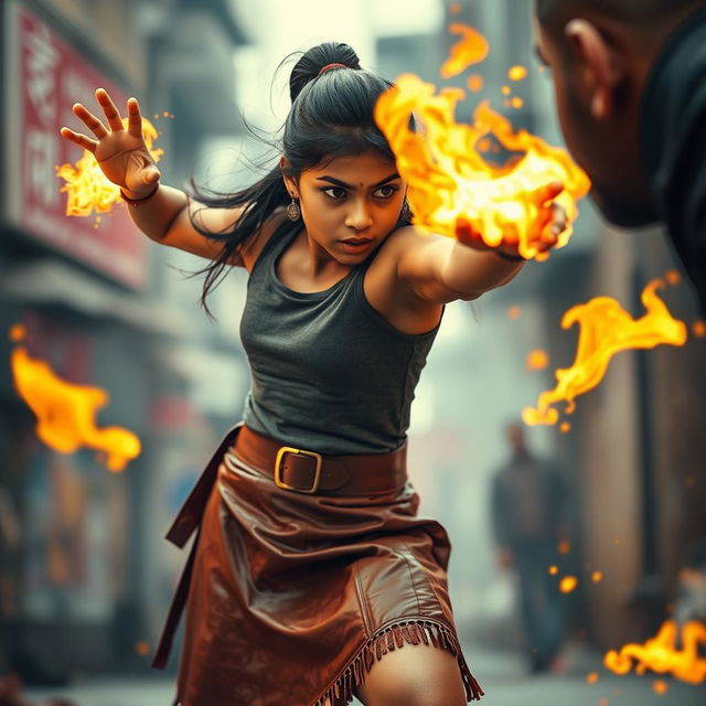 A young Indian girl wearing a stylish leather skirt, fiercely focused as she uses her heat vision power against a man, who is being engulfed in flames from her gaze