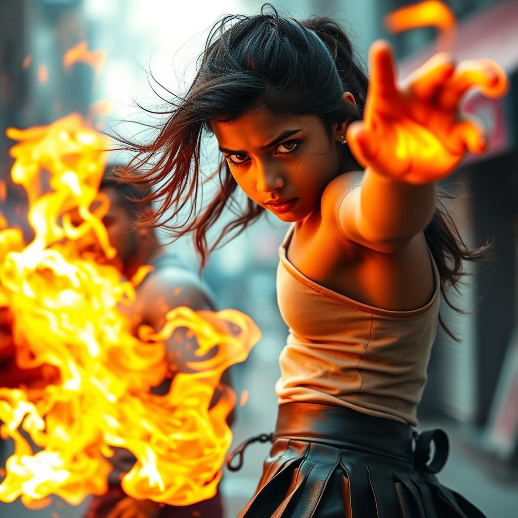 A young Indian girl wearing a stylish leather skirt, fiercely focused as she uses her heat vision power against a man, who is being engulfed in flames from her gaze