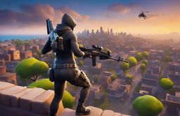 A 32k HD Fortnite wallpaper featuring the Rogue Agent in action pose with a Scar assault rifle against a backdrop of Tilted Towers at twilight