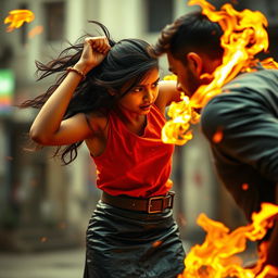 A young Indian girl wearing a stylish leather skirt, fiercely focused as she uses her heat vision power against a man, who is being engulfed in flames from her gaze
