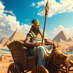 An imposing and regal depiction of Ramses II riding in a majestic chariot, showcasing the ancient Egyptian ruler in his traditional attire with intricate golden embellishments
