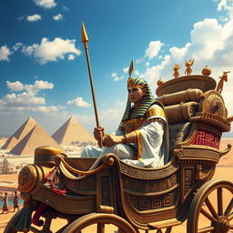 An imposing and regal depiction of Ramses II riding in a majestic chariot, showcasing the ancient Egyptian ruler in his traditional attire with intricate golden embellishments