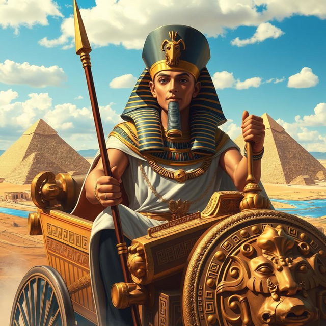 An imposing and regal depiction of Ramses II riding in a majestic chariot, showcasing the ancient Egyptian ruler in his traditional attire with intricate golden embellishments