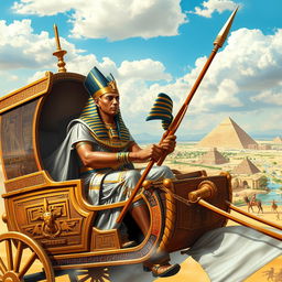 An imposing and regal depiction of Ramses II riding in a majestic chariot, showcasing the ancient Egyptian ruler in his traditional attire with intricate golden embellishments
