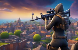 A 32k HD Fortnite wallpaper featuring the Rogue Agent in action pose with a Scar assault rifle against a backdrop of Tilted Towers at twilight