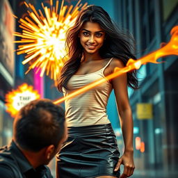 A young Indian girl with dark, flowing hair, dressed in a stylish leather skirt, stands confidently as she uses her heat vision powers on a man in front of her
