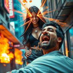 A young Indian girl with dark, flowing hair, dressed in a stylish leather skirt, stands confidently as she uses her heat vision powers on a man in front of her