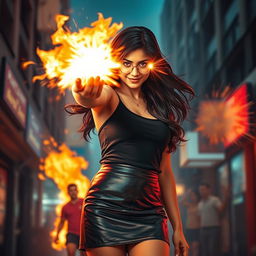 A young Indian girl with dark, flowing hair, dressed in a stylish leather skirt, stands confidently as she uses her heat vision powers on a man in front of her
