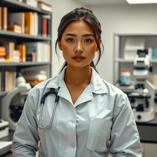 A beautiful Indonesian woman with large breasts, of Central Asian descent, dressed in professional forensic and pathology attire