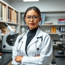 A beautiful Indonesian woman with large breasts, of Central Asian descent, dressed in professional forensic and pathology attire