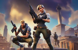 A 32k HD Fortnite wallpaper featuring the Rogue Agent in action pose with a Scar assault rifle against a backdrop of Tilted Towers at twilight