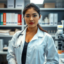 A beautiful Indonesian woman with large breasts, of Central Asian descent, dressed in professional forensic and pathology attire