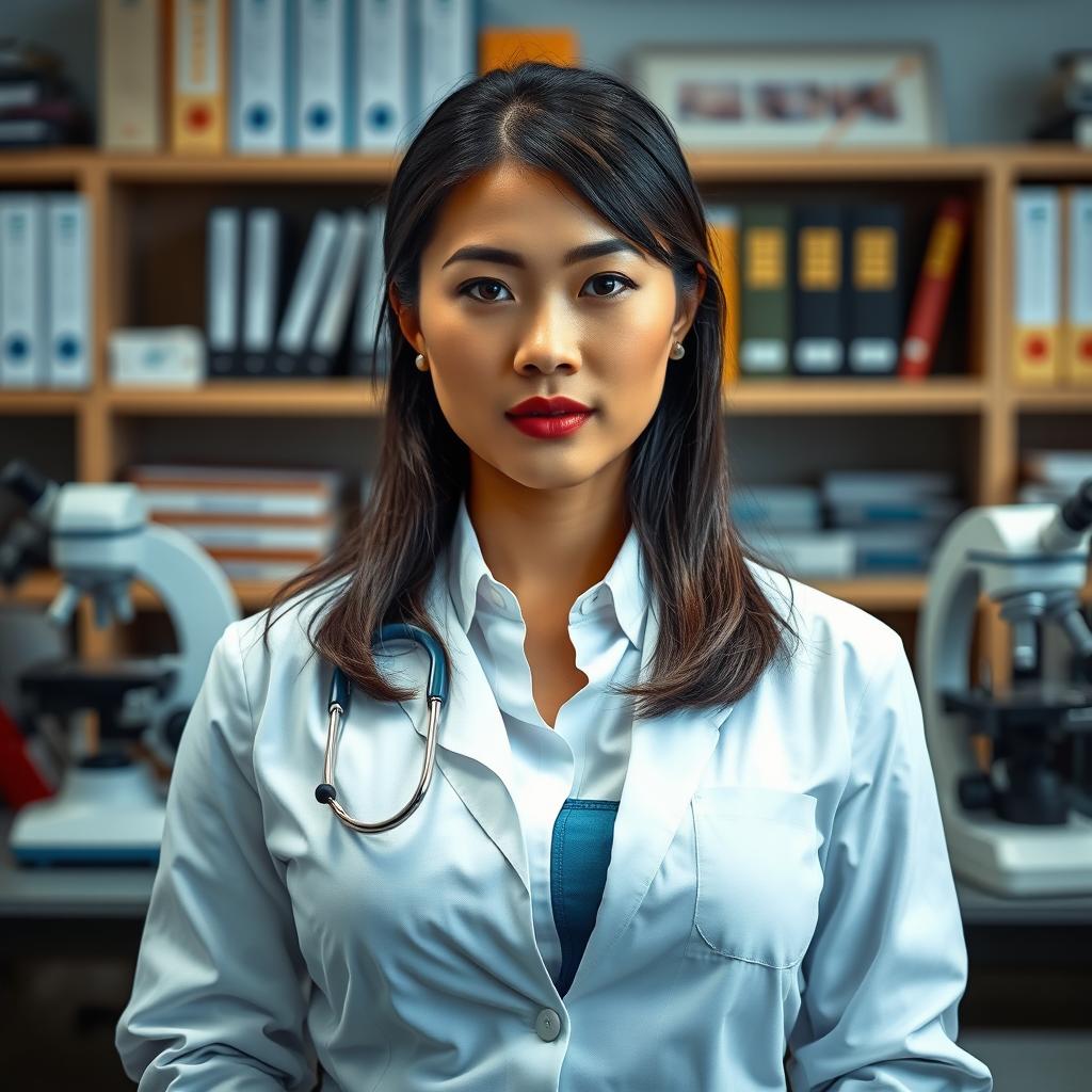 A beautiful Indonesian woman with large breasts, of Central Asian descent, dressed in professional forensic and pathology attire