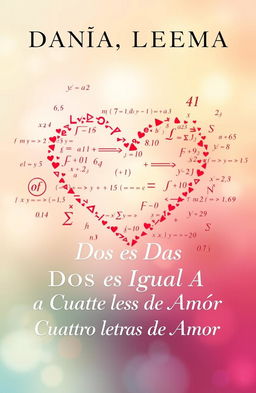 A book cover titled 'Dos Mas Dos Es Igual A Cuatro Letras De Amor', featuring a blend of mathematical elements such as equations, numbers, and symbols artistically integrated with romantic imagery like hearts or couples in love