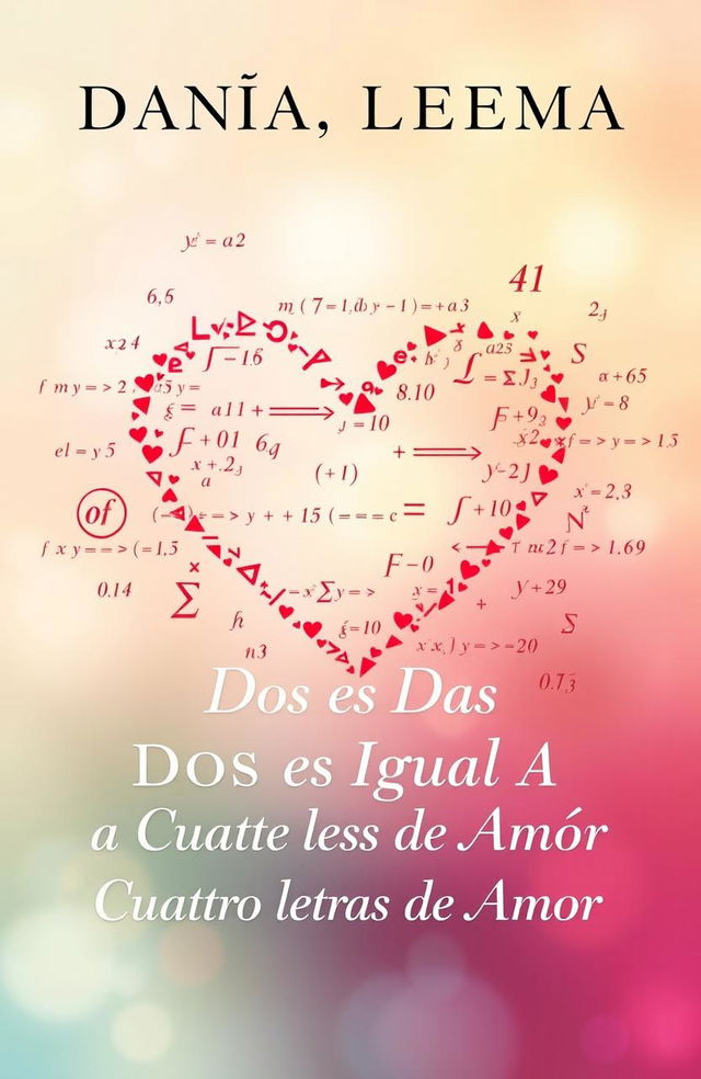 A book cover titled 'Dos Mas Dos Es Igual A Cuatro Letras De Amor', featuring a blend of mathematical elements such as equations, numbers, and symbols artistically integrated with romantic imagery like hearts or couples in love