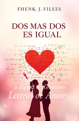 A book cover titled 'Dos Mas Dos Es Igual A Cuatro Letras De Amor', featuring a blend of mathematical elements such as equations, numbers, and symbols artistically integrated with romantic imagery like hearts or couples in love