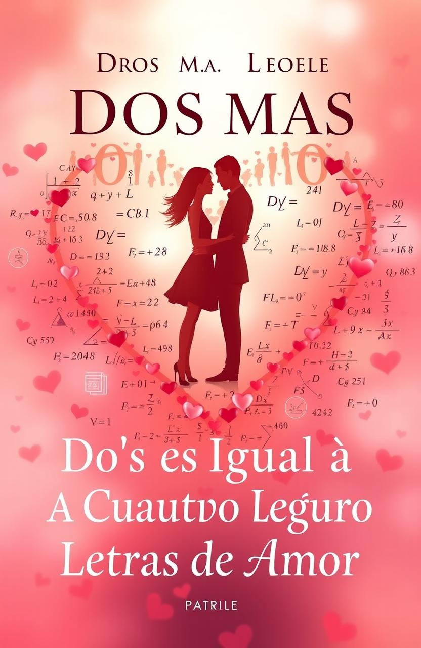 A book cover titled 'Dos Mas Dos Es Igual A Cuatro Letras De Amor', featuring a blend of mathematical elements such as equations, numbers, and symbols artistically integrated with romantic imagery like hearts or couples in love