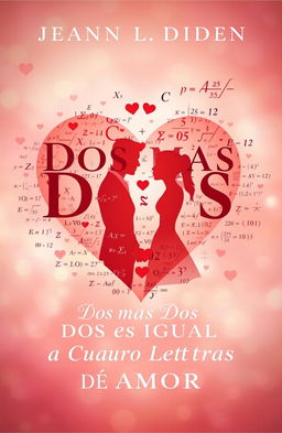 A book cover titled 'Dos Mas Dos Es Igual A Cuatro Letras De Amor', featuring a blend of mathematical elements such as equations, numbers, and symbols artistically integrated with romantic imagery like hearts or couples in love