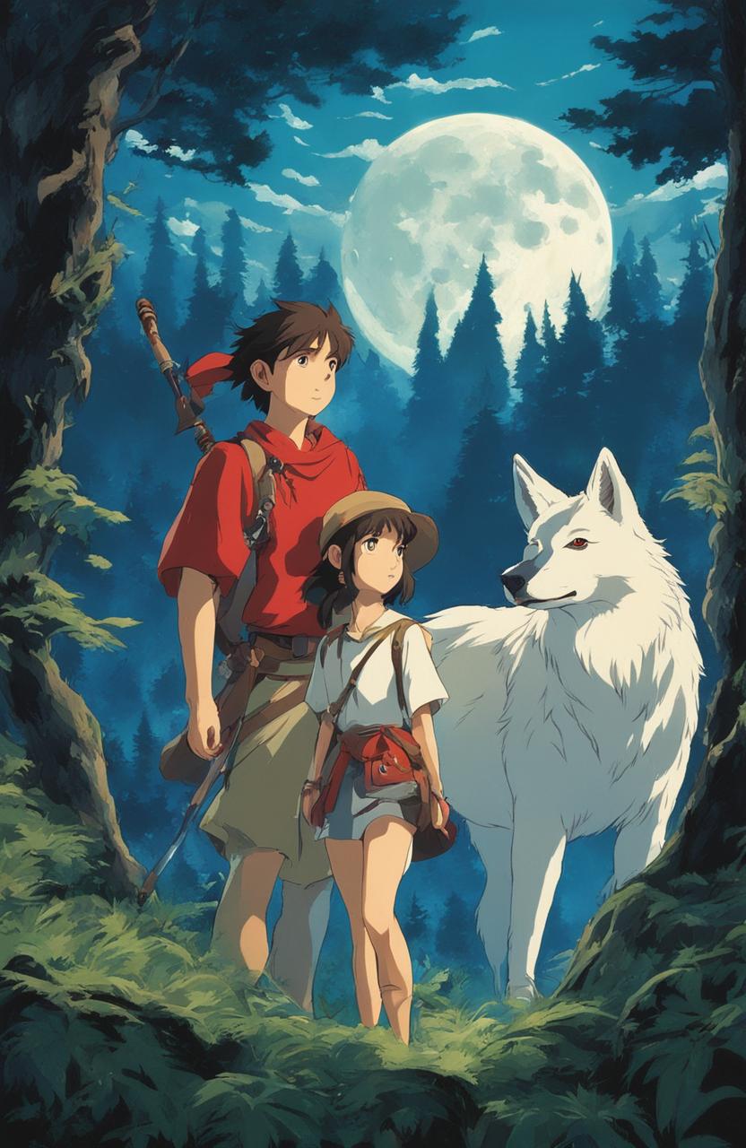 Detailed Princess Mononoke poster in Studio Ghibli style featuring Ashitaka and San in a dense forest under a moonlit sky