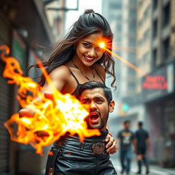 A young Indian girl wearing a stylish leather skirt, confidently standing with a powerful and intense expression on her face