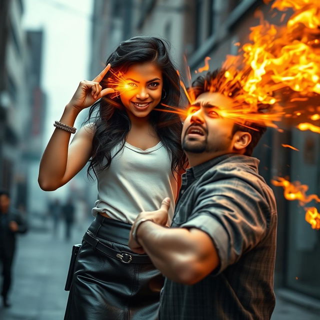 A young Indian girl wearing a stylish leather skirt, confidently standing with a powerful and intense expression on her face