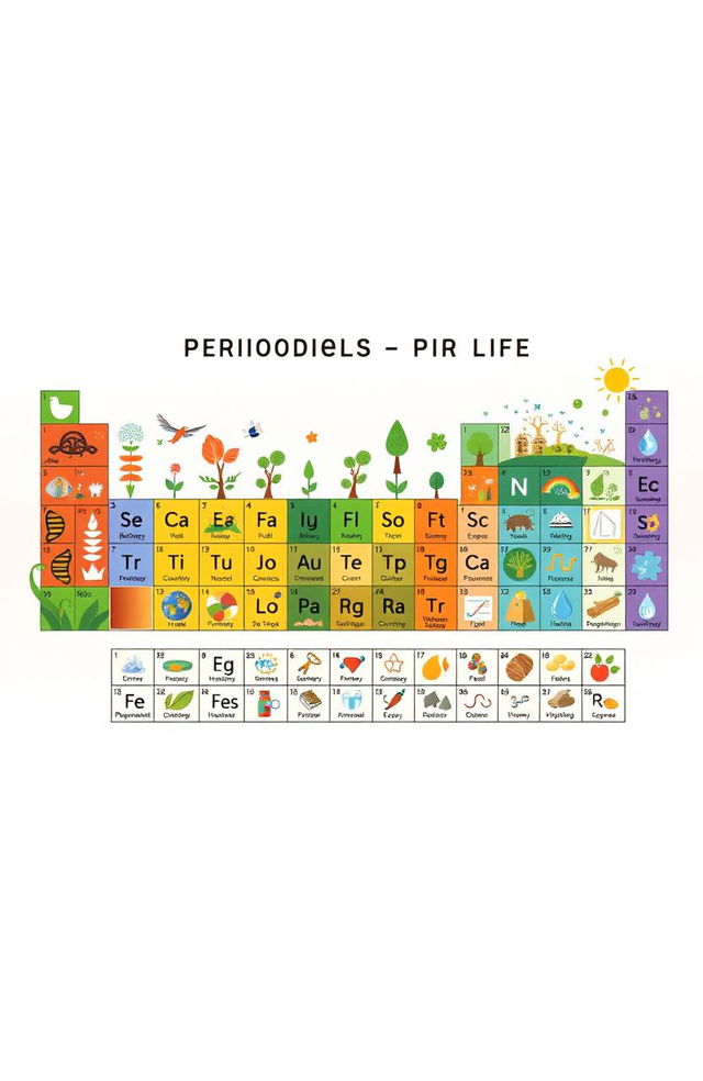 A colorful and visually engaging illustration of a 'Periodic Table of Life', featuring various elements representing key aspects of life such as biology, chemistry, diversity, ecosystems, and more