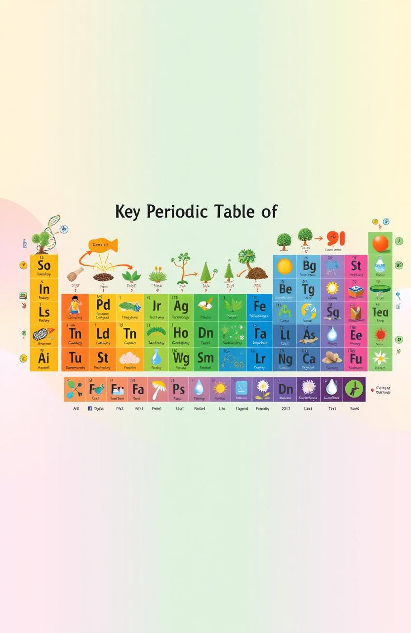 A colorful and visually engaging illustration of a 'Periodic Table of Life', featuring various elements representing key aspects of life such as biology, chemistry, diversity, ecosystems, and more