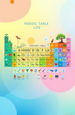 A colorful and visually engaging illustration of a 'Periodic Table of Life', featuring various elements representing key aspects of life such as biology, chemistry, diversity, ecosystems, and more