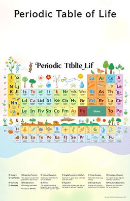 A colorful and visually engaging illustration of a 'Periodic Table of Life', featuring various elements representing key aspects of life such as biology, chemistry, diversity, ecosystems, and more