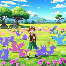 A vibrant Pokémon-style battlefield scene depicting an expansive grassy area with bright colors, dotted with various Pokémon-themed flora, and a clear blue sky