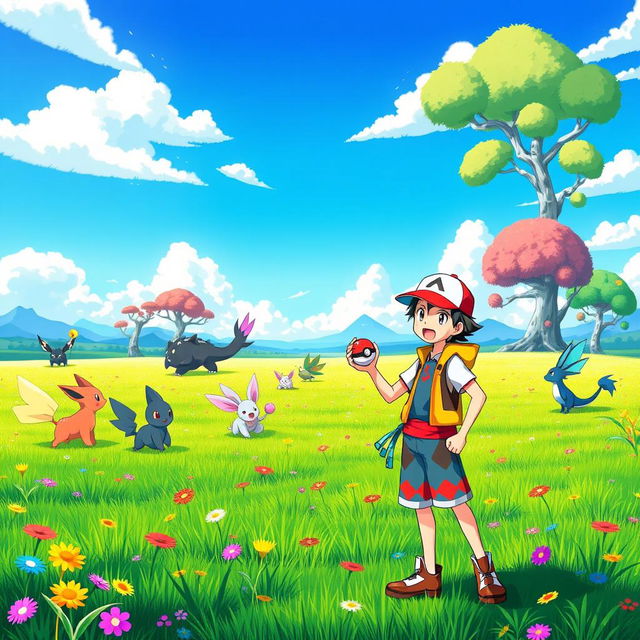 A vibrant Pokémon-style battlefield scene depicting an expansive grassy area with bright colors, dotted with various Pokémon-themed flora, and a clear blue sky