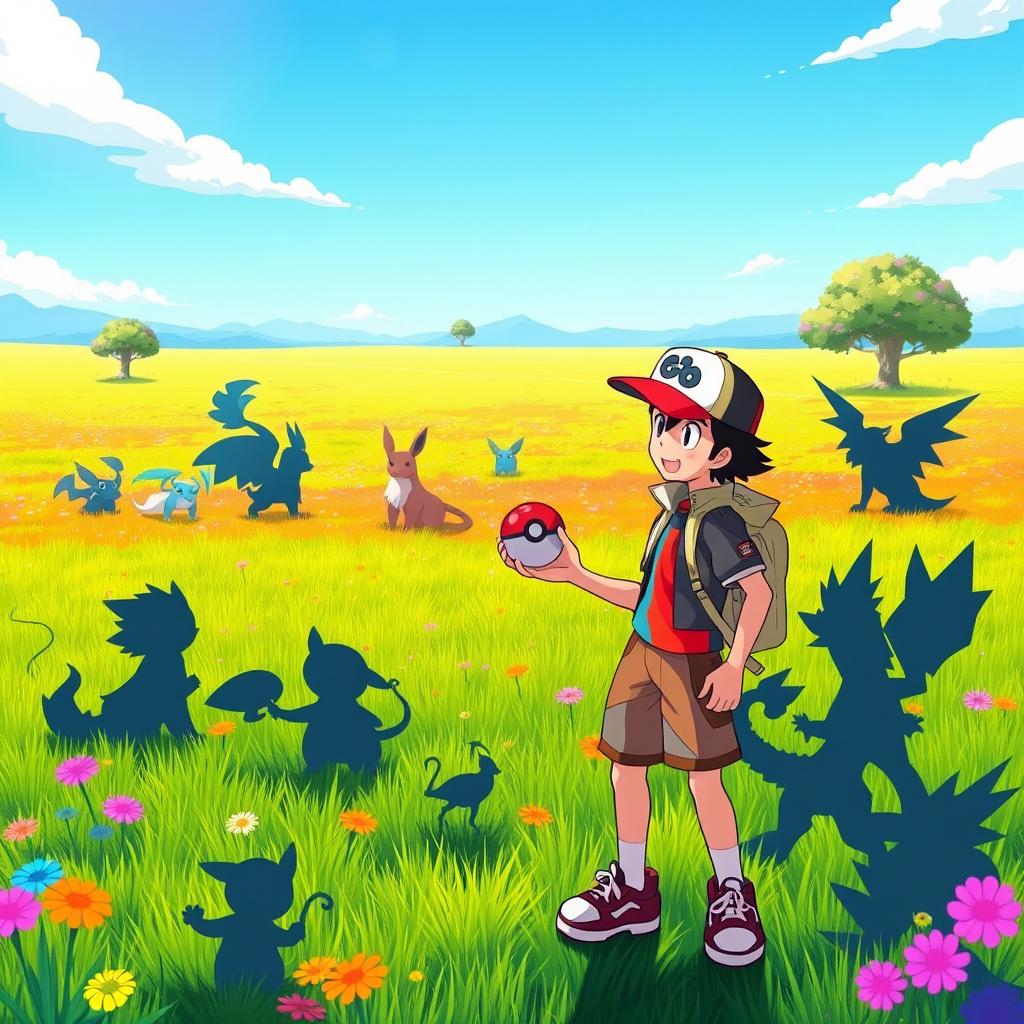 A vibrant Pokémon-style battlefield scene depicting an expansive grassy area with bright colors, dotted with various Pokémon-themed flora, and a clear blue sky